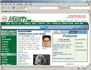 Screen capture of Variety's web page, claiming "Trekkies have a new leader"